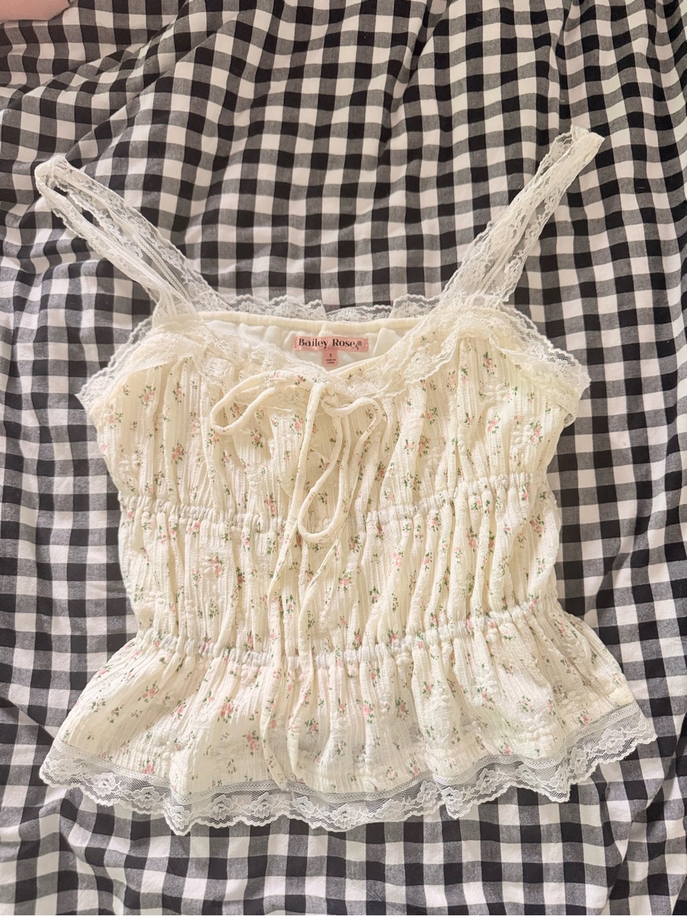 Cream Floral Lace-Trim Smocked Camisole